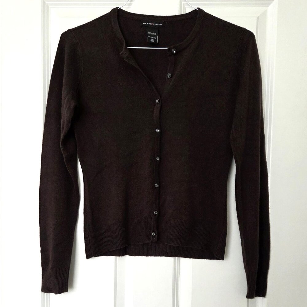 New York & Co Dark Brown Acrylic Long-Sleeve Jeweled-Button Cardigan